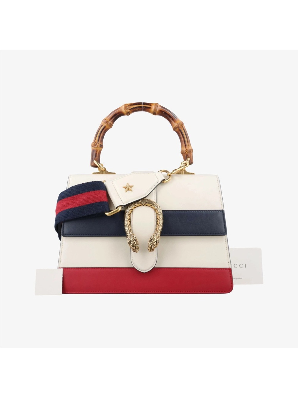 Gucci Calfskin Bamboo Web Medium Dionysus Top Handle Bag White Blue Hibiscus Red